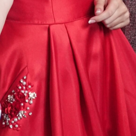 Red Satin Gown w/ Spaghetti Straps, Rhinestone Pockets, Mesh Side Panel - size 8 - Picture 4 of 8